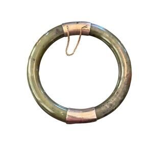 Vintage Chinese Asian Green Jade Hinged Safety Chain Gold Plated Bangle Bracelet